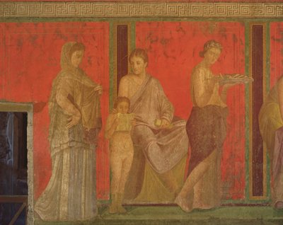 Der Katechismus mit einem jungen Mädchen, das liest, und dem Initianden, der ein Opfer darbringt, Nordwand, Oecus 5, ca. 60-50 v. Chr. von Roman